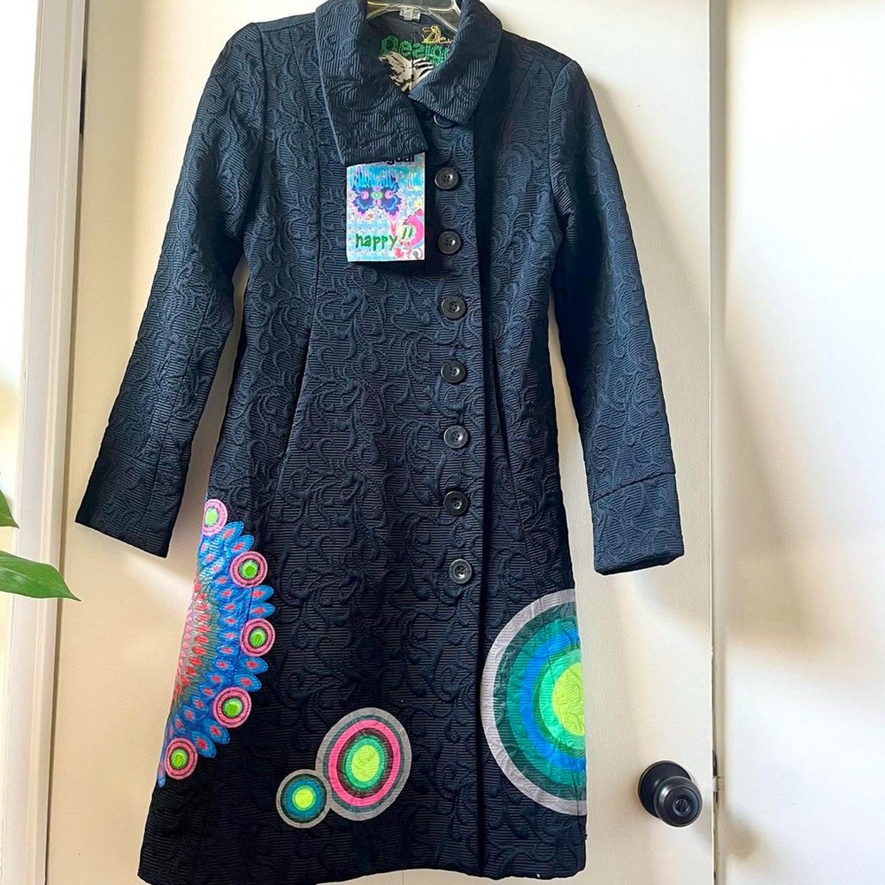 NWT Desigual Designer Euro Style Colorful Embroidered Brocade Coat